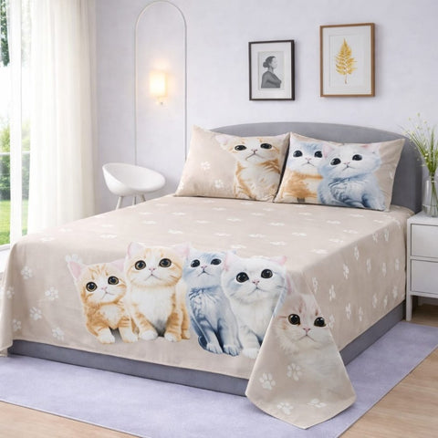 Adorable Cat - Themed Printed Bedsheet (3pcs) - The Linen House