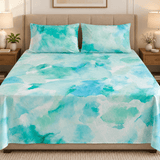Aqua Watercolor Splash Printed Bed Sheet - The Linen House