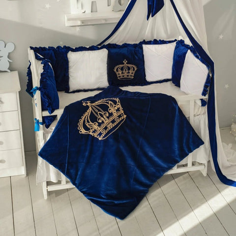 Baby Cot Set( Prince Crown White with Blue) - The Linen House