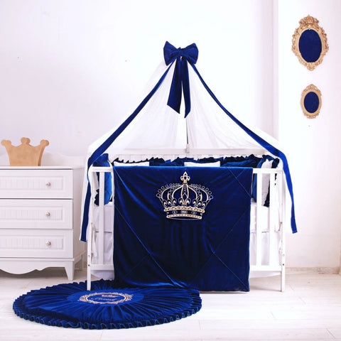 Baby Cot Set( Prince Crown White with Blue) - The Linen House