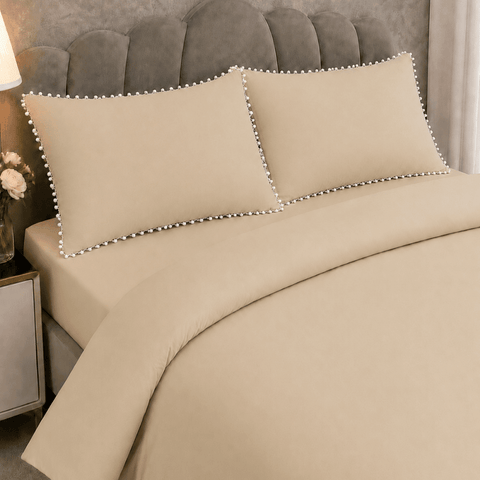 Beige Duvet Cover Set with White Pom Pom Lace Pillowcases - The Linen House