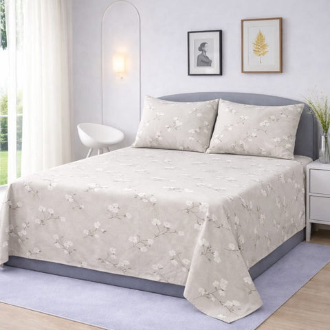 Beige Floral Printed Bedsheet (3pcs) - The Linen House