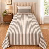 Beige White Vertical Stripe Printed Single Bed Sheet - The Linen House