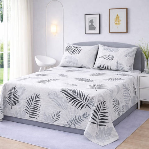 Black and White Tropical Leaf Patterned Printed Bedsheet (3pcs) - The Linen House