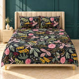 Black Botanical Floral Cotton Bedsheet Set – 3 Pcs King Size - The Linen House