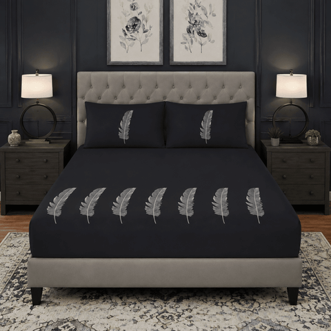 Black Feather Embroidered 3-Piece Bedsheet Set - The Linen House
