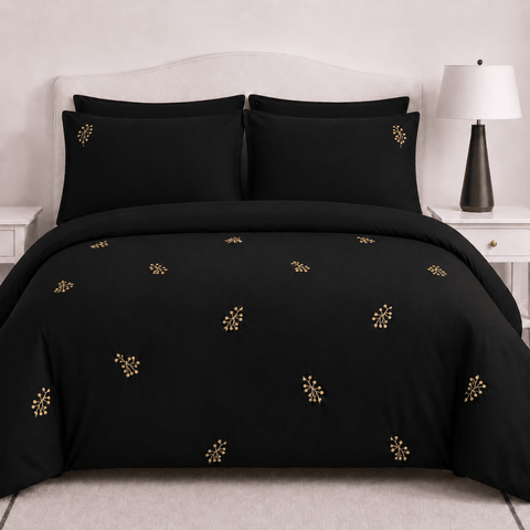 Black Gold Botanical Embroidered Duvet Cover Set - The Linen House