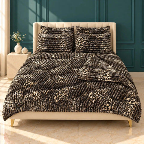 Black & Gold Leopard Print Bubble Fleece Comforter Set – 6 Pcs King Size - The Linen House