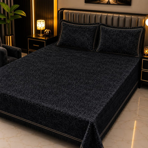 Black Luxury Textured Velvet Bedsheet - The Linen House