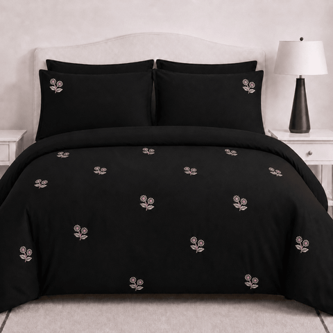 Black Pink Floral Embroidered Duvet Cover Set - The Linen House