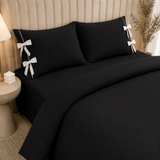 Black Plain Bow Duvet Cover Set with 2 Pillow Covers - The Linen House