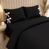 Black Plain Bow Duvet Cover Set with 2 Pillow Covers