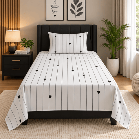 Black & White Heart Single Bedsheet - The Linen House