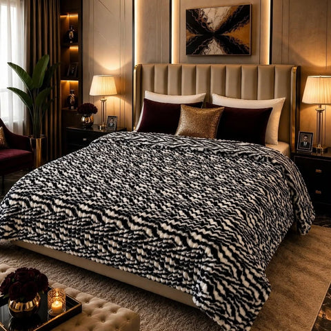 Black White Zebra Print Ribbed Faux Fleece Blanket - The Linen House