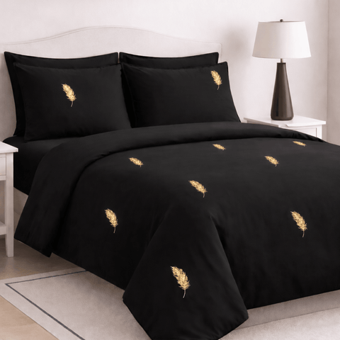 Black With Gold Feather Embroidered Bedding - The Linen House