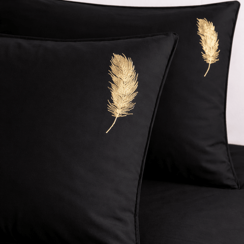 Black With Gold Feather Embroidered Bedding - The Linen House