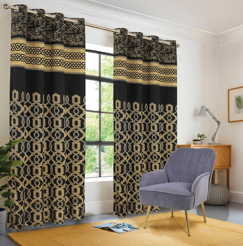 Black with Golden Jacquard printed curtains - The Linen House
