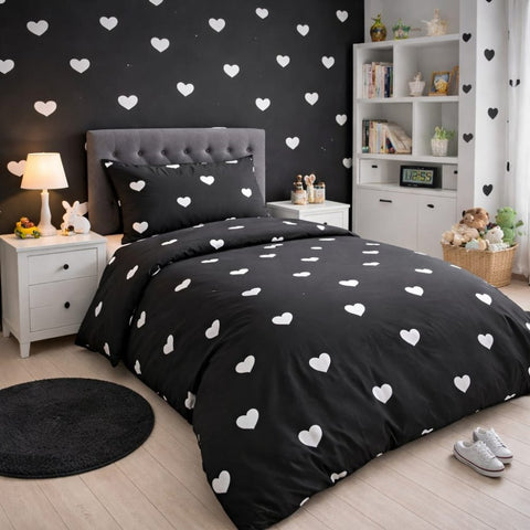 Black with white heart Theme Kids Bedsheet - The Linen House