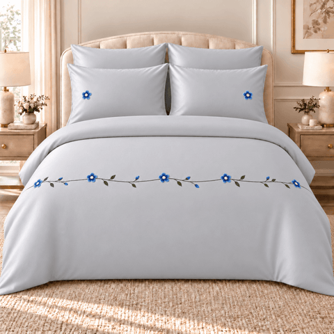 Blue Blossom Light Grey Embroidered Bedding Set - The Linen House
