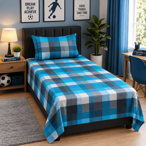 Blue Checkered Single Bedsheet - The Linen House