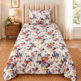 Blue Coral Bird Floral Printed Single Bed Sheet - The Linen House