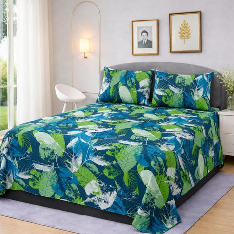 Blue & Green Leaf Printed Bedsheet Set (3pcs) - The Linen House