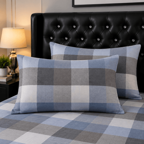 Blue Grey Plaid Printed Bed Sheet - The Linen House