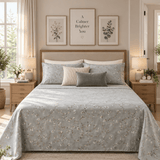 Blue Grey Vine Floral Printed Bed Sheet - The Linen House