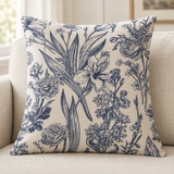 Blue & Ivory Botanical Floral Printed Cushion Cover - The Linen House