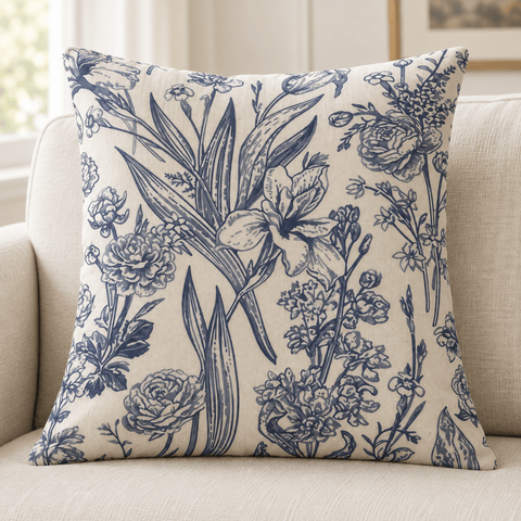 Blue & Ivory Botanical Floral Printed Cushion Cover - The Linen House