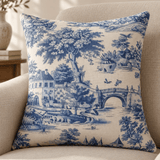 Blue & Ivory Countryside Printed Cushion Cover - The Linen House