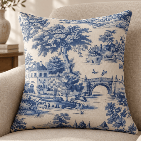 Blue & Ivory Countryside Printed Cushion Cover - The Linen House