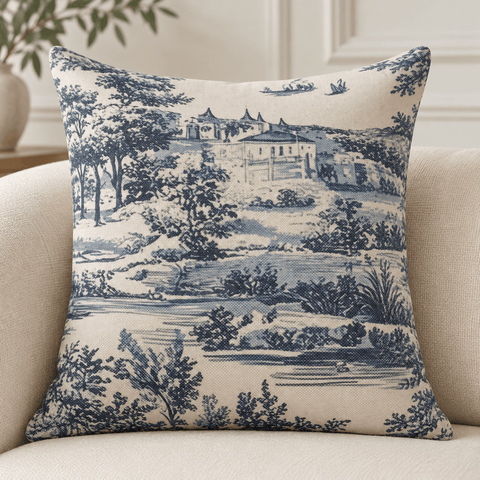 Blue & Ivory Countryside Printed Cushion Cover - The Linen House