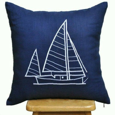 Blue Ocean Ship Embroidered Cushion - The Linen House
