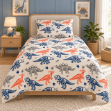 Blue Orange Dino Skeleton Kids Bedsheet Set - The Linen House