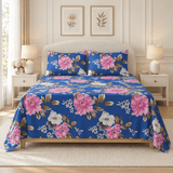 Blue Pink Bloom Floral Printed Bed Sheet - The Linen House
