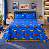Blue Racing Cars Printed Bed Sheet - The Linen House