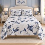 Blue White Bird Branch Printed Bed Sheet - The Linen House