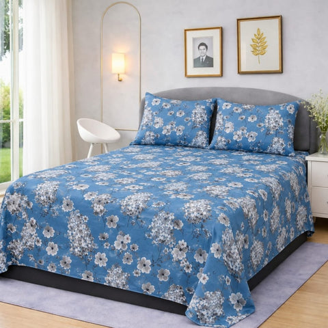 Blue & White Floral Printed Bedsheet Set (3pcs) - The Linen House