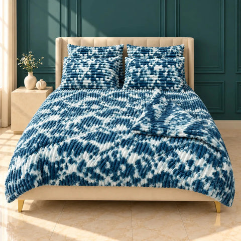 Blue & White Tie-Dye Bubble Fleece Comforter Set – 6 Pcs King Size - The Linen House