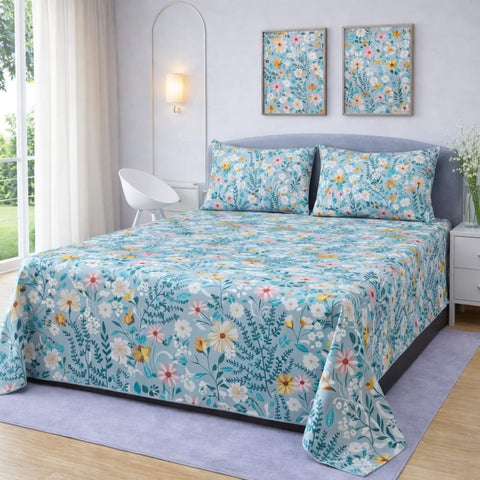 Blue with Daisies and Wildflowers Printed Bedsheet (3pcs) - The Linen House