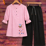 Blush Floral Embroidered Top & Black Baggy Two Piece Suite - The Linen House