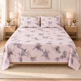 Blush Pink Blue Leaf Printed Bed Sheet - The Linen House