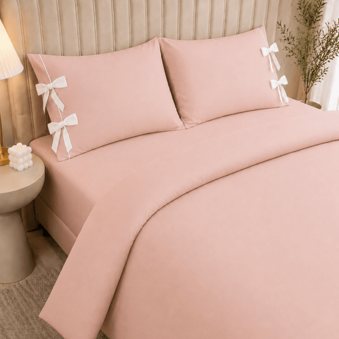 Blush Pink Plain Bow Duvet Cover Set with 2 Pillow Covers