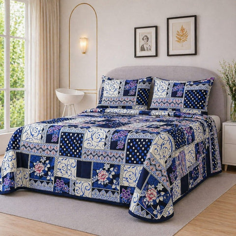 Bold Navy and Floral Printed Bedsheet - The Linen House