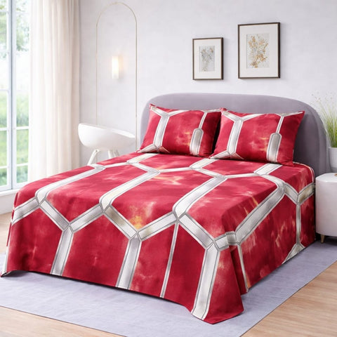 Bold Red and Silver Geometric Printed Bedsheet (3pcs) - The Linen House