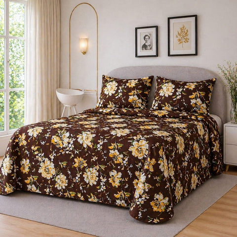 Brown and Yellow Floral Printed Bedsheet - The Linen House