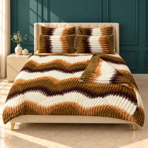 Brown & Olive Ikat Stripe Bubble Fleece Comforter Set – 6 Pcs King Size - The Linen House