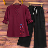 Burgundy Embroidered Tunic with Black Baggy Two Piece Suite - The Linen House