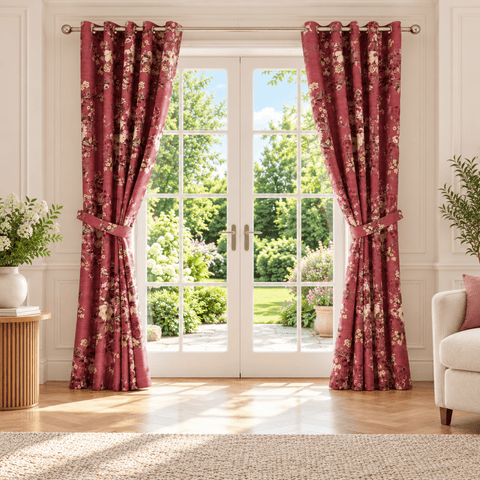Burgundy Rose Floral Printed Curtain - The Linen House